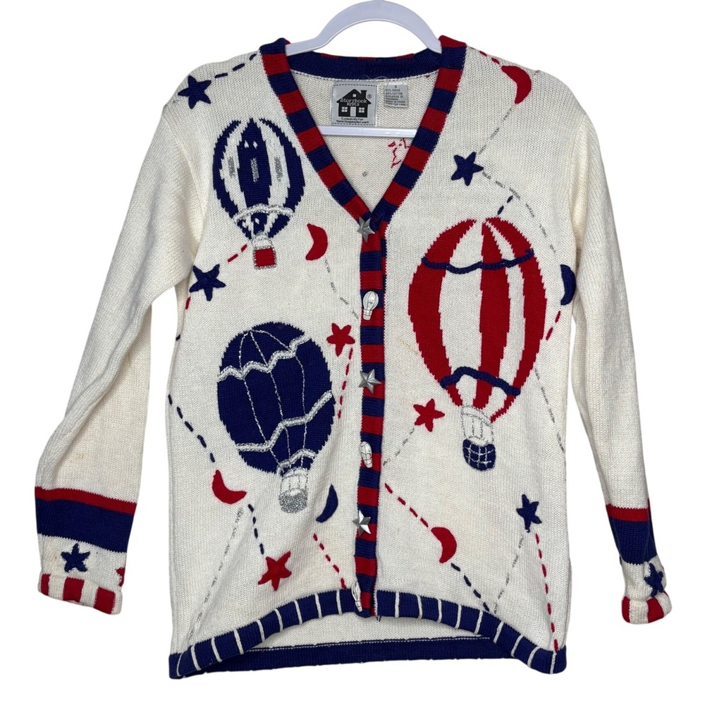 Storybook Knits Vintage 90s Patriotic Hot Air Balloon Cardigan Sweater Small